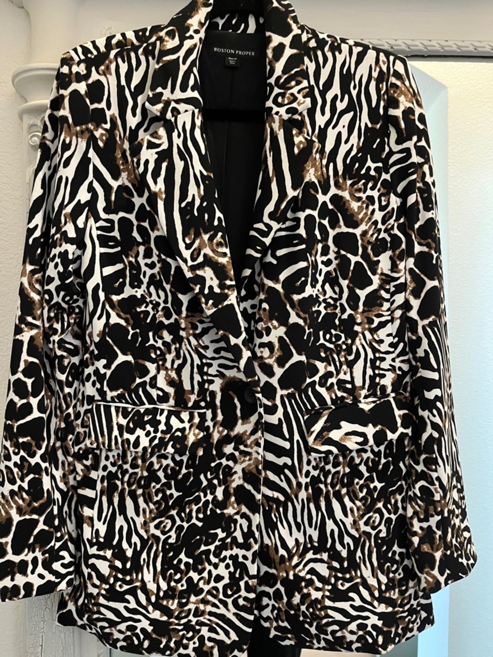 Boston Proper Black White Brown Animal-Print Single-Button Blazer